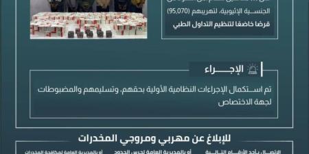 حرس الحدود بعسير يقبض على (6) مخالفين لتهريبهم (95,070) قرصًا خاضعًا لتنظيم التداول الطبي