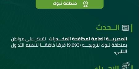 مكافحة المخدرات تقبض على شخص بمنطقة تبوك لترويجه 9,893 قرصًا خاضعًا لتنظيم التداول الطبي