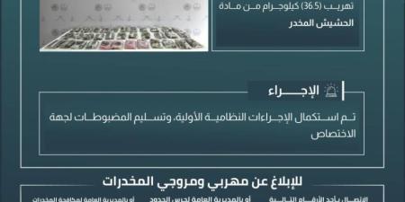 حرس الحدود بعسير يحبط تهريب 36.5 كيلوجرامات من مادة الحشيش المخدر