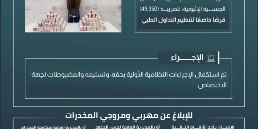 حرس الحدود بعسير يقبض على مخالف لنظام أمن الحدود لتهريبه (49,350) قرصًا خاضعًا لتنظيم التداول الطبي