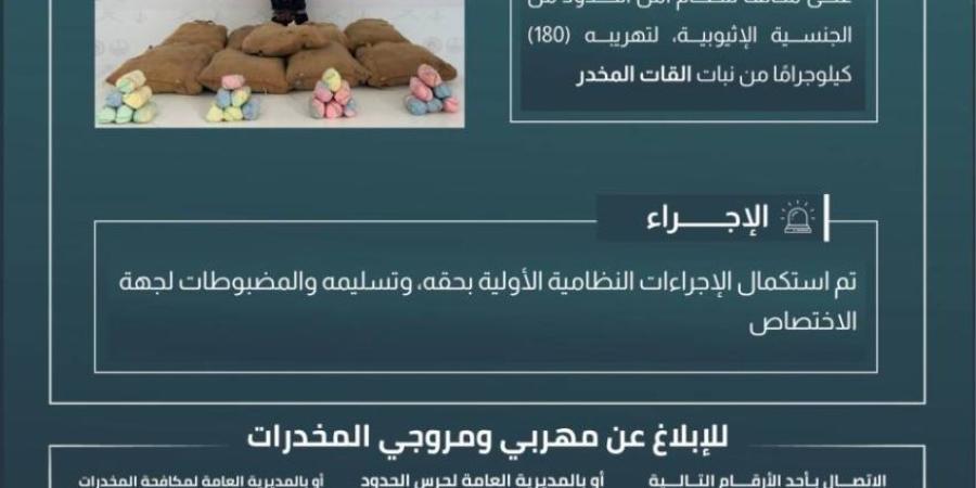 حرس الحدود بعسير يقبض على مخالف لنظام أمن الحدود لتهريبه 180 كيلوجرامًا من نبات القات المخدر